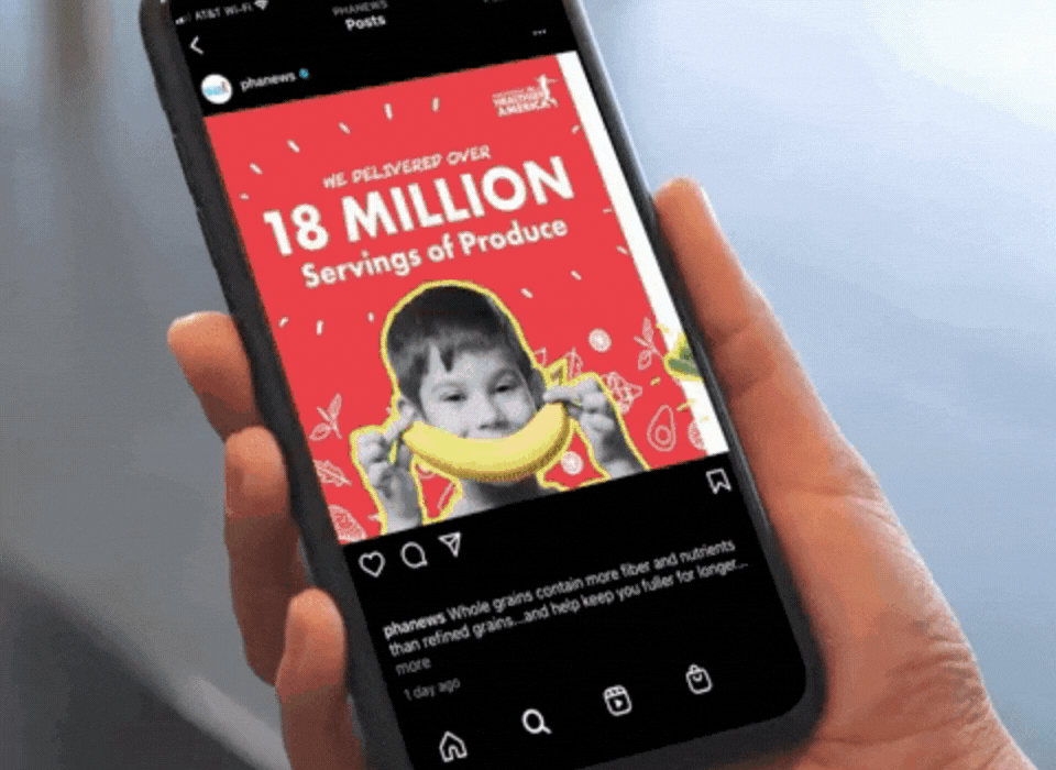 Animated G I F Of A Smartphone Showing A Social Media Post About '18 M I L L I O N Servings Of Produce.