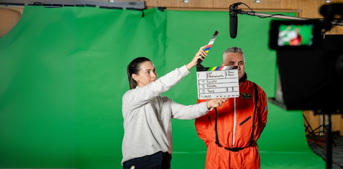 L A I Video Film Slate In Front Of Actor And Green Screen